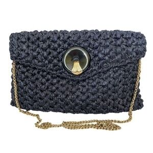 Rodo Italy Vintage Navy Blue Woven Straw Envelope Clutch Purse Shoulder Bag